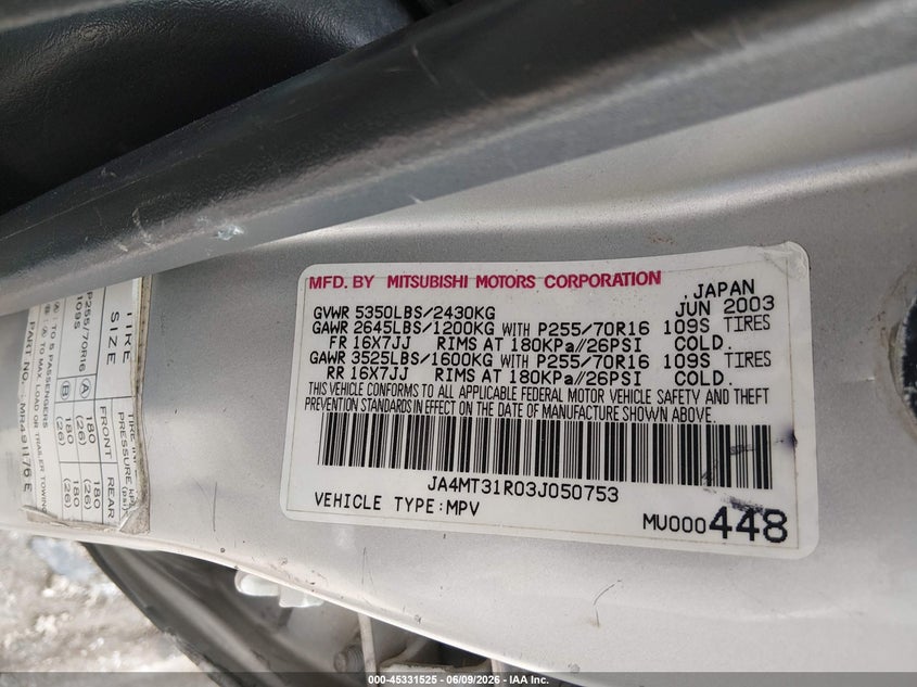 2003 Mitsubishi Montero VIN JA4MT31R03J050753 IAAI salvage auction — ROLLOVER, Salvage (Texas), sold $425 on 2026-07-08 (photo 9)