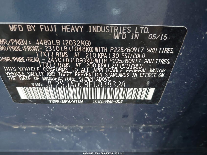 2015 Subaru Forester VIN JF2SJADC9FH838328 IAAI salvage auction — NORMAL WEAR, Clear (Tennessee), sold $800 on 2026-07-16 (photo 9)