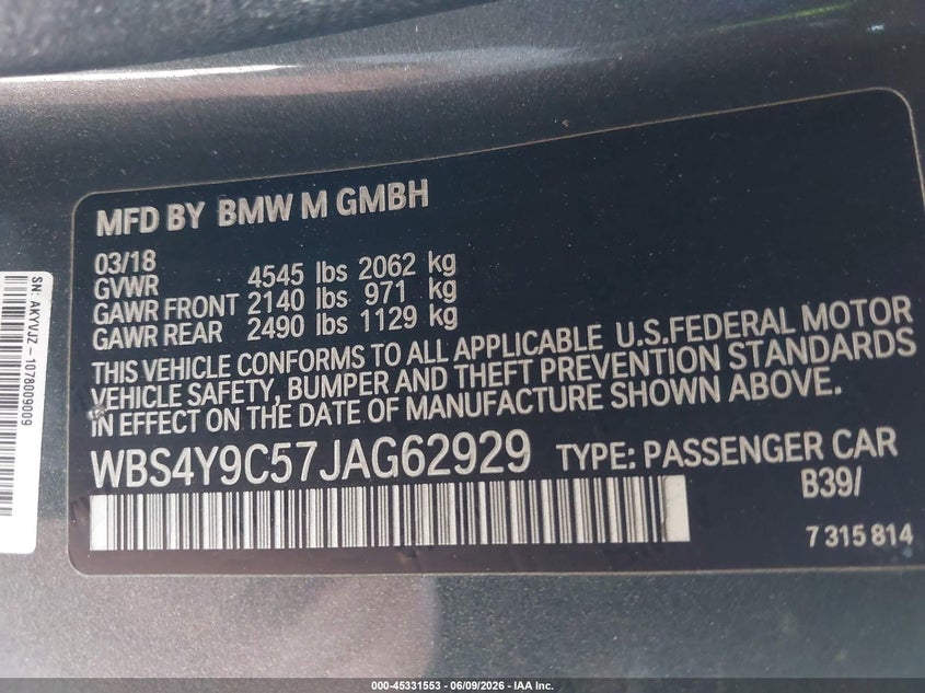 2018 BMW M4 VIN WBS4Y9C57JAG62929 IAAI salvage auction — REAR END, Salvage Title, sold $16,875 on 2026-07-22 (photo 9)