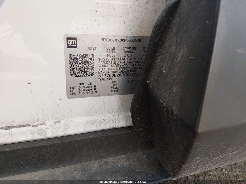 2024 Chevrolet Trax VIN KL77LJE28RC022715 IAAI salvage auction — RIGHT SIDE, Original (West Virginia), sold $9,350 on 2026-07-09 (photo 9)