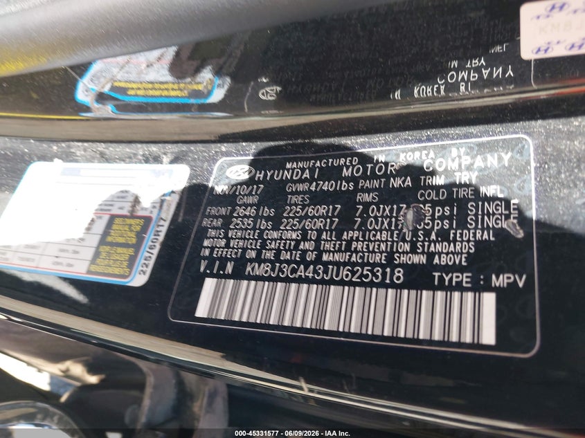 2018 Hyundai Tucson VIN KM8J3CA43JU625318 IAAI salvage auction — REAR END, Salvage Title, sold $2,450 on 2026-07-10 (photo 9)