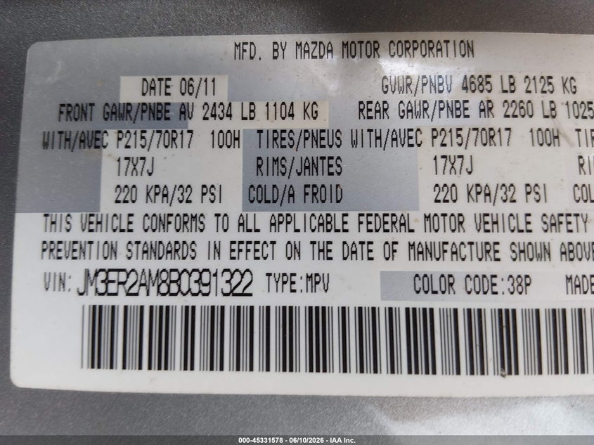 2011 Mazda Cx-7 VIN JM3ER2AM8B0391322 IAAI salvage auction — NORMAL WEAR, Clear (Florida), sold $375 on 2026-07-28 (photo 9)