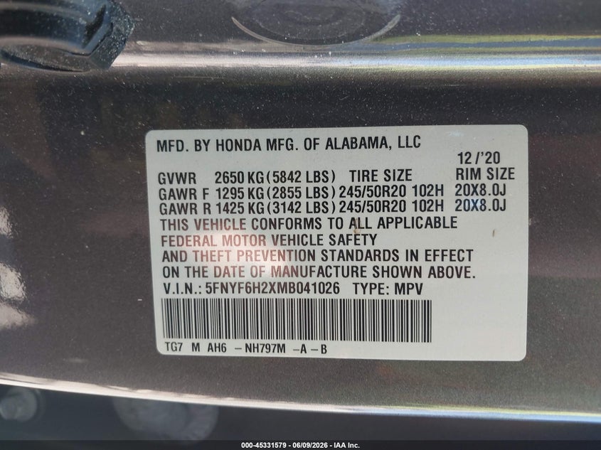 2021 Honda Pilot VIN 5FNYF6H2XMB041026 IAAI salvage auction — RIGHT FRONT, Salvage (Massachusetts), sold $8,300 on 2026-07-28 (photo 9)
