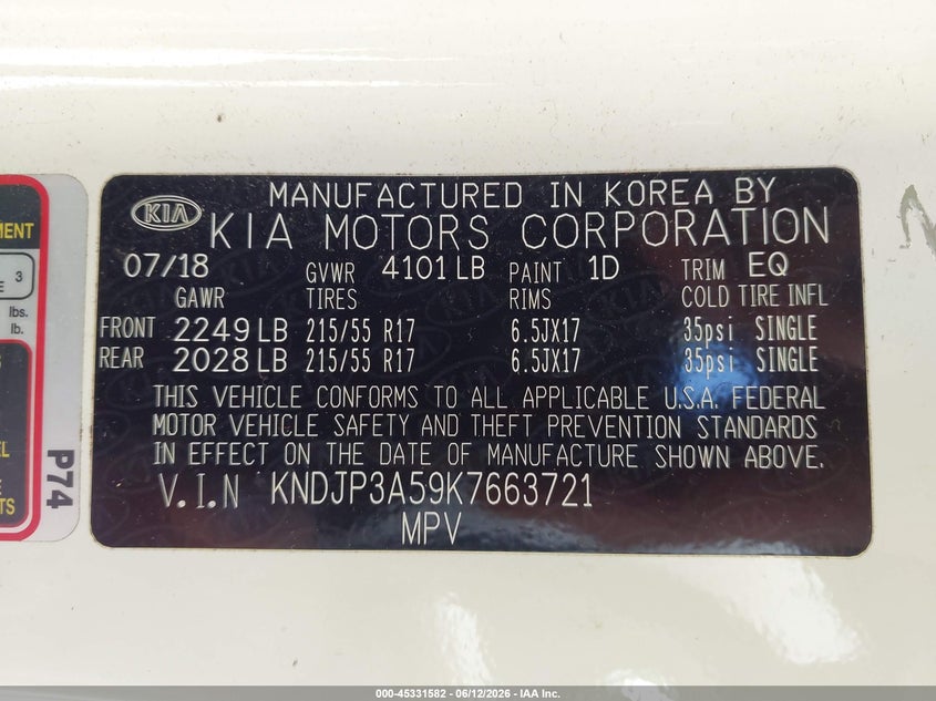 2019 Kia Soul VIN KNDJP3A59K7663721 IAAI salvage auction — HAIL, Salvage Title, sold $525 on 2026-07-16 (photo 9)