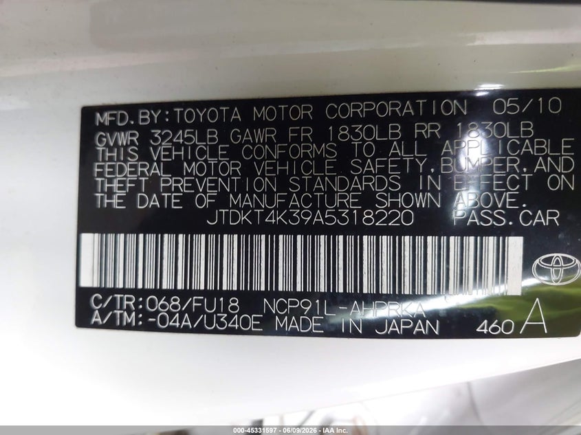 2010 Toyota Yaris VIN JTDKT4K39A5318220 IAAI salvage auction — NORMAL WEAR, Clear (Minnesota), sold $1,150 on 2026-07-08 (photo 9)