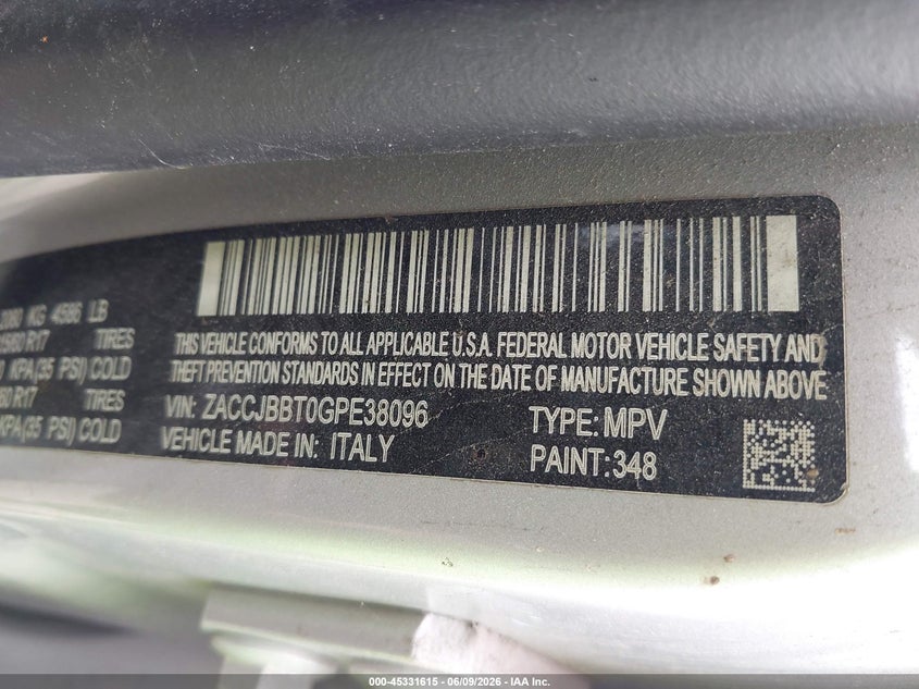 2016 Jeep Renegade VIN ZACCJBBT0GPE38096 IAAI salvage auction — ALL OVER, Salvage Title, sold $325 on 2026-08-06 (photo 9)