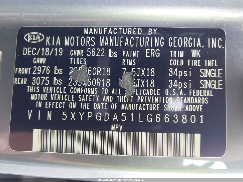 2020 Kia Sorento VIN 5XYPGDA51LG663801 IAAI salvage auction — FRONT END, Wait Title, sold $2,050 on 2026-07-30 (photo 9)
