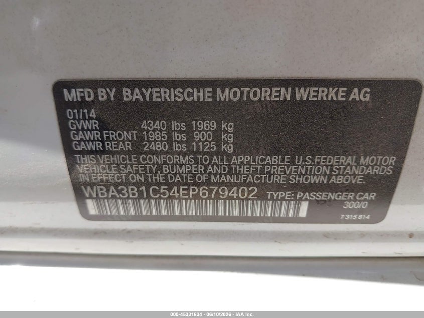 2014 BMW 3er VIN WBA3B1C54EP679402 IAAI salvage auction — FRONT & REAR, Salvage (California), sold $350 on 2026-07-14 (photo 9)