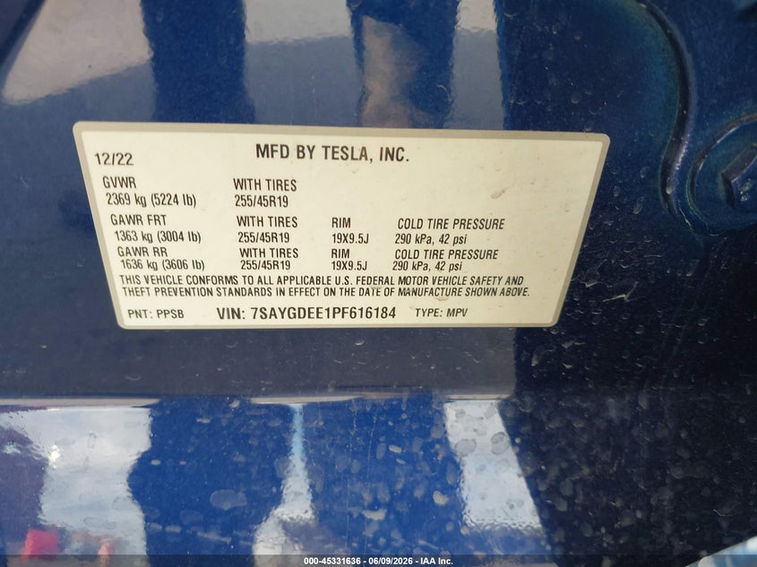 2023 Tesla Model y VIN 7SAYGDEE1PF616184 IAAI salvage auction — FRONT END, Original (Texas), sold $7,200 on 2026-07-26 (photo 9)