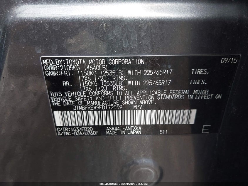 2015 Toyota Rav 4 VIN JTMBFREV9FD172559 IAAI salvage auction — FRONT END, Salvage Title, sold $5,075 on 2026-08-01 (photo 9)