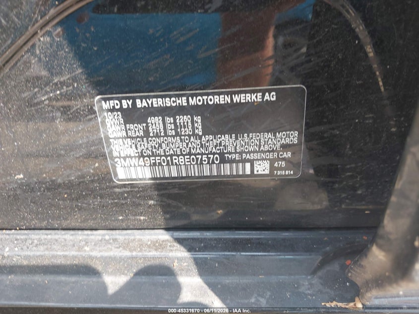 2024 BMW 3er VIN 3MW49FF01R8E07570 IAAI salvage auction — Front End, Salvage, sold $23,250 on 2026-08-25 (photo 9)