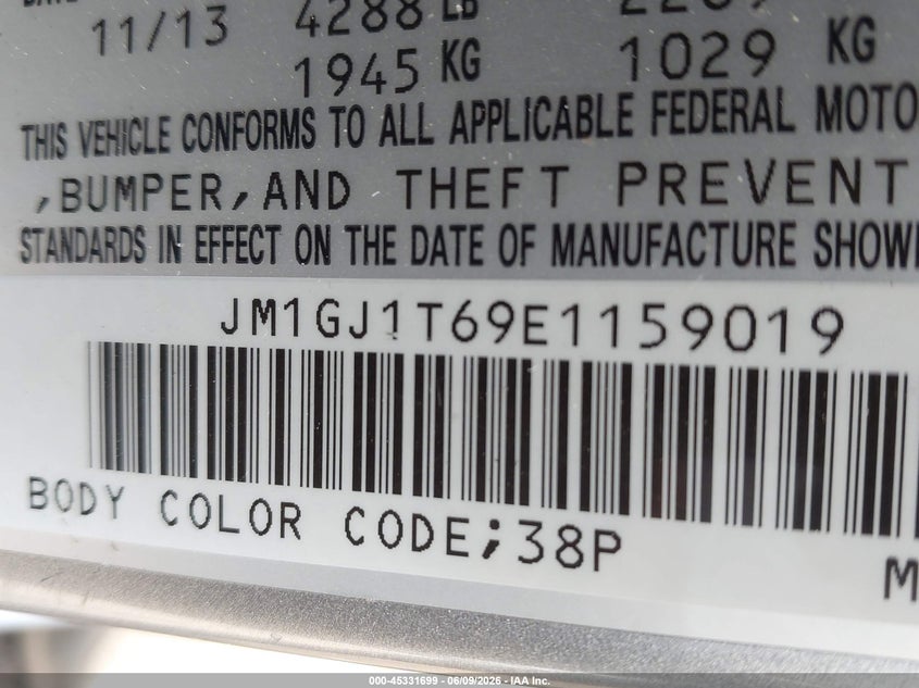 2014 Mazda 6 VIN JM1GJ1T69E1159019 IAAI salvage auction — LEFT SIDE, Salvage Title, sold $400 on 2026-07-13 (photo 9)