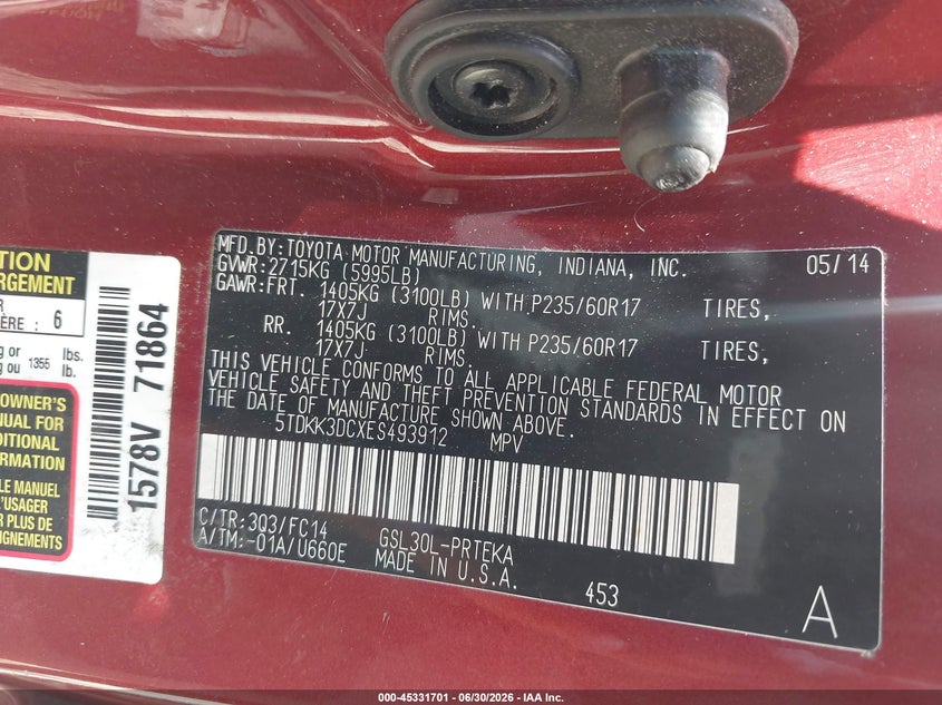 2014 Toyota Sienna VIN 5TDKK3DCXES493912 IAAI salvage auction — NORMAL WEAR, Repossession Paperwork (Georgia), sold $675 on 2026-07-16 (photo 9)