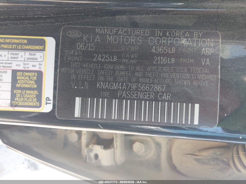 2015 Kia Optima VIN KNAGM4A79F5662867 IAAI salvage auction — NORMAL WEAR, Clear - Dealer Only (California), sold $500 on 2026-07-07 (photo 9)