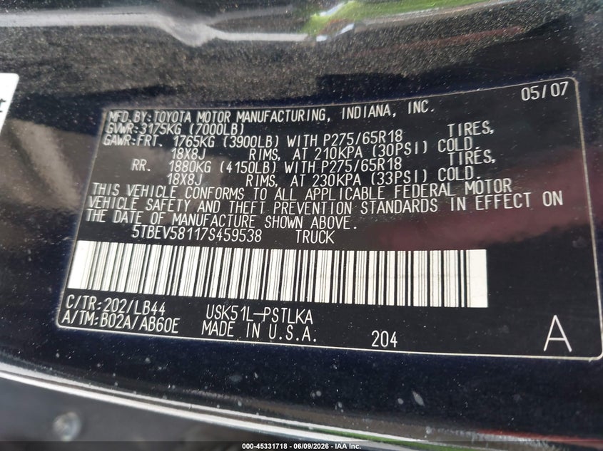 2007 Toyota Tundra VIN 5TBEV58117S459538 IAAI salvage auction — NORMAL WEAR, Clear (Alabama), sold $3,500 on 2026-07-09 (photo 9)
