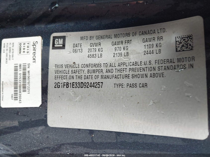 2013 Chevrolet Camaro VIN 2G1FB1E33D9244257 IAAI salvage auction — NORMAL WEAR, Clear (Tennessee), sold $1,000 on 2026-07-09 (photo 9)