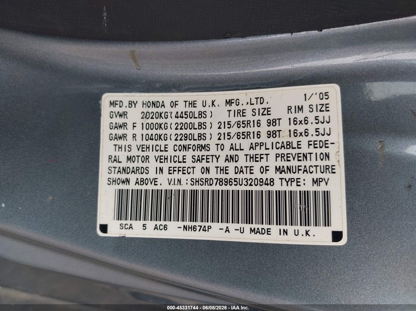 2005 Honda Cr-v VIN SHSRD78965U320948 IAAI salvage auction — LEFT REAR, Repossession Paperwork (Georgia), sold $850 on 2026-07-29 (photo 9)