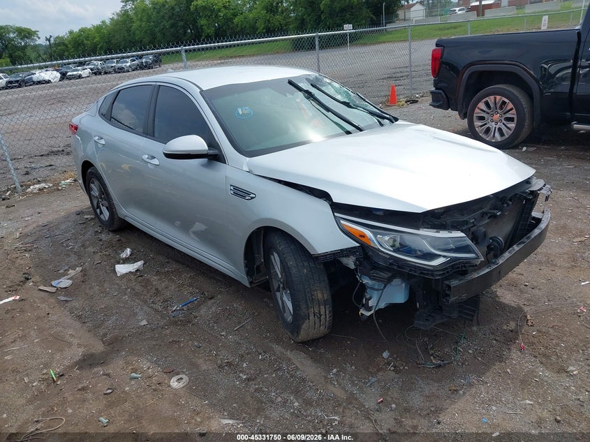2020 Kia Optima VIN 5XXGT4L32LG444714 IAAI salvage auction — LEFT FRONT, Salvage Title, sold $500 on 2026-07-16 (photo 1)