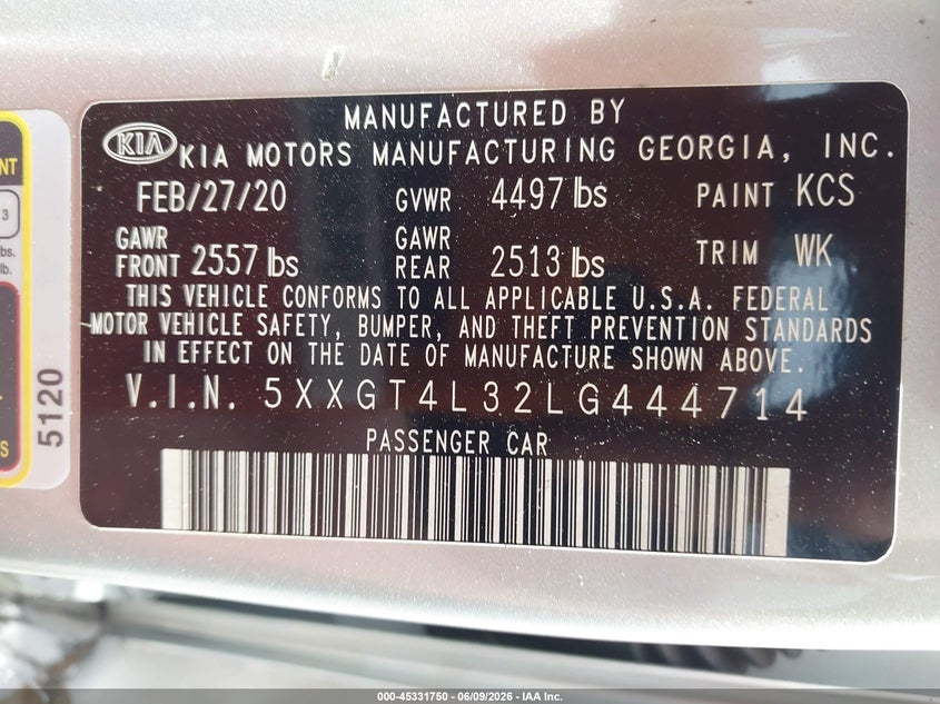 2020 Kia Optima VIN 5XXGT4L32LG444714 IAAI salvage auction — LEFT FRONT, Salvage Title, sold $500 on 2026-07-16 (photo 9)