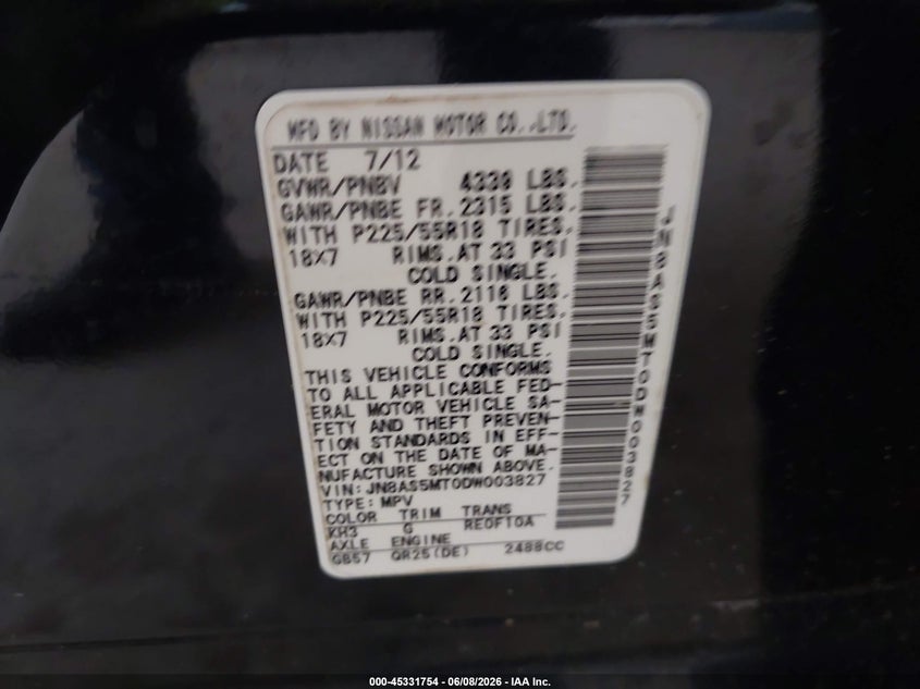 2013 Nissan Rogue VIN JN8AS5MT0DW003827 IAAI salvage auction — SIDE, Repossession Paperwork (Georgia), sold $25 on 2026-07-15 (photo 9)