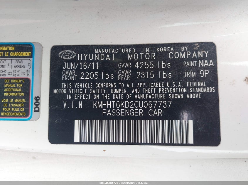 2012 Hyundai Genesis VIN KMHHT6KD2CU067737 IAAI salvage auction — FRONT END, Salvage Title, sold $525 on 2026-07-08 (photo 9)