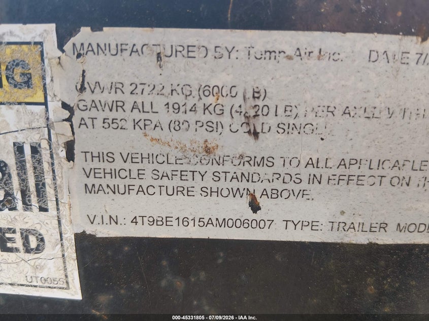 2010 Trl enterprises Temp air VIN 4T9BE1615AM006007 IAAI salvage auction — NORMAL WEAR, Clear (North Carolina), sold $100 on 2026-07-29 (photo 9)