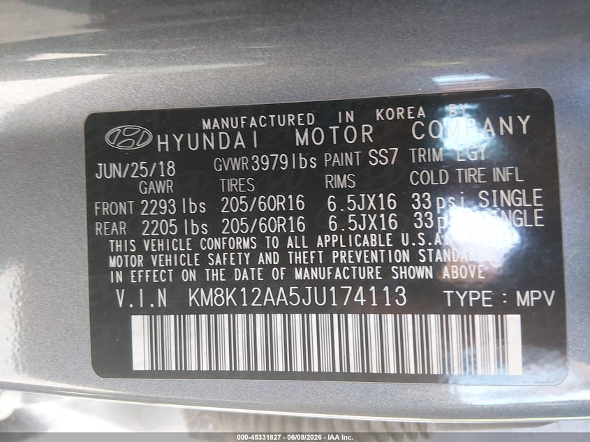 2018 Hyundai Kona VIN KM8K12AA5JU174113 IAAI salvage auction — FRONT & REAR, Salvage Title, sold $1,550 on 2026-07-07 (photo 9)
