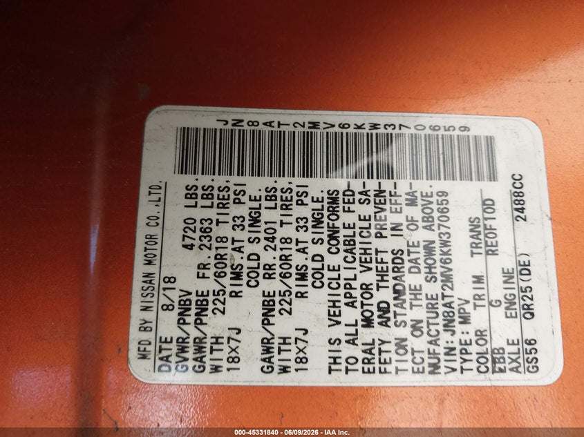 2019 Nissan Rogue VIN JN8AT2MV6KW370659 IAAI salvage auction — FRONT END, Salvage Title, sold $425 on 2026-07-10 (photo 9)