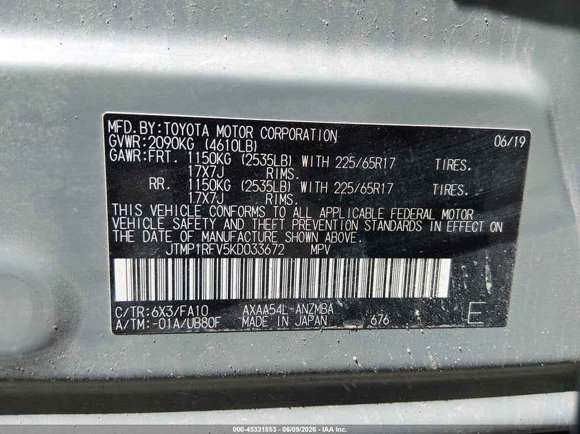 2019 Toyota Rav 4 VIN JTMP1RFV5KD033672 IAAI salvage auction — FRONT END, Salvage Title, sold $9,300 on 2026-07-26 (photo 9)