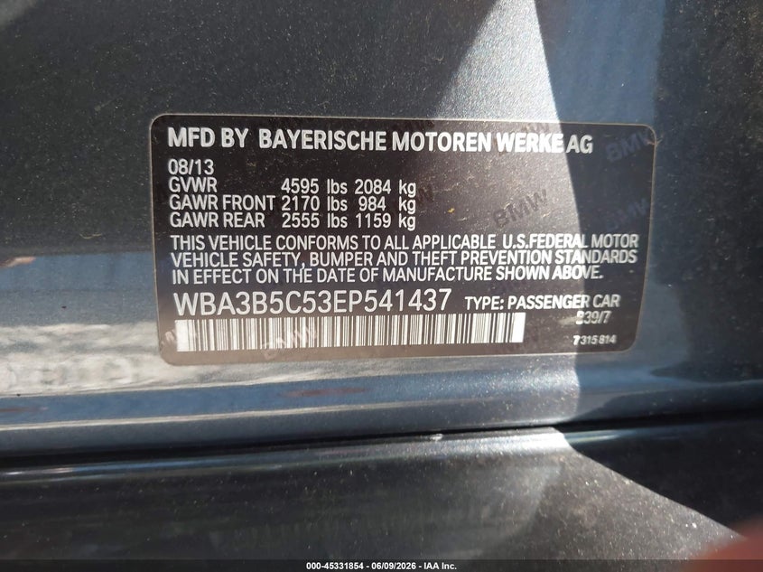 2014 BMW 3er VIN WBA3B5C53EP541437 IAAI salvage auction — FRONT & REAR, Salvage Title, sold $1,650 on 2026-07-23 (photo 9)