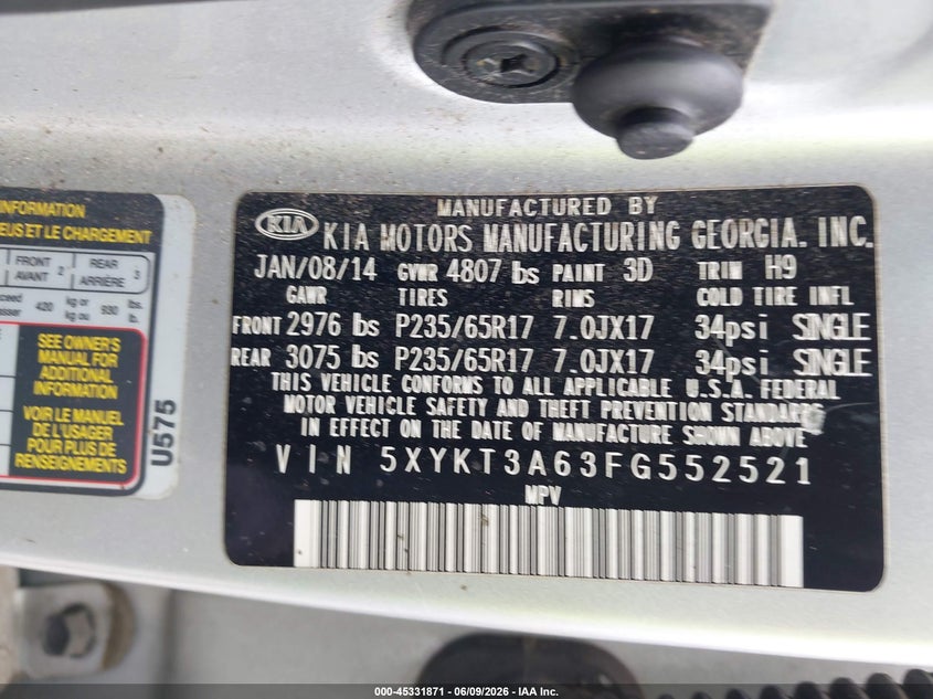 2015 Kia Sorento VIN 5XYKT3A63FG552521 IAAI salvage auction — FRONT END, Salvage Title, sold $450 on 2026-07-15 (photo 9)