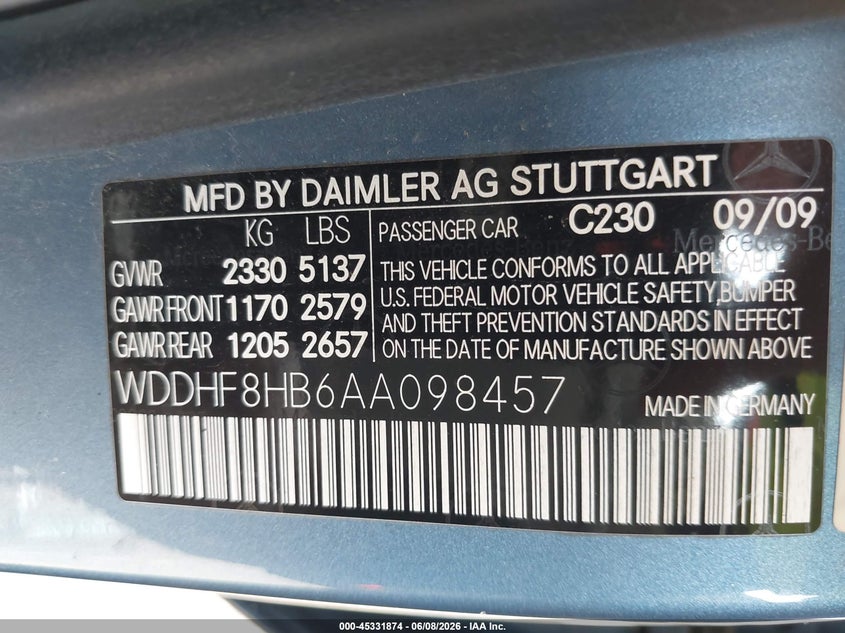 2010 Mercedes-benz E-class VIN WDDHF8HB6AA098457 IAAI salvage auction — SIDE, Clear (Michigan), sold $1,850 on 2026-07-20 (photo 9)