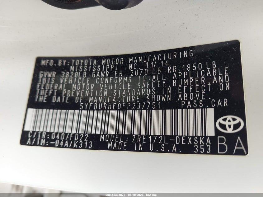 2015 Toyota Corolla VIN 5YFBURHE0FP237751 IAAI salvage auction — RIGHT FRONT, Salvage (North Carolina), sold $25 on 2026-07-30 (photo 9)