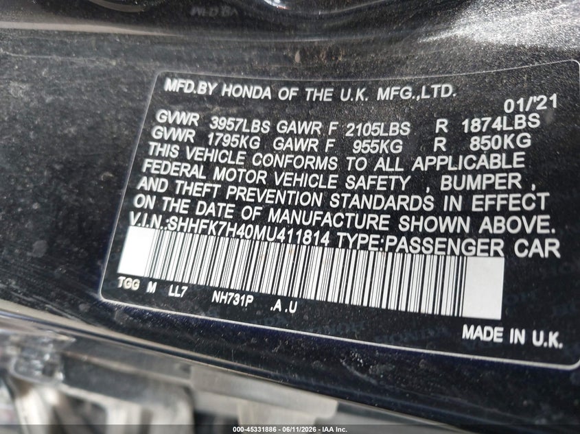 2021 Honda Civic VIN SHHFK7H40MU411814 IAAI salvage auction — FRONT END, Salvage Title, sold $4,250 on 2026-07-21 (photo 9)