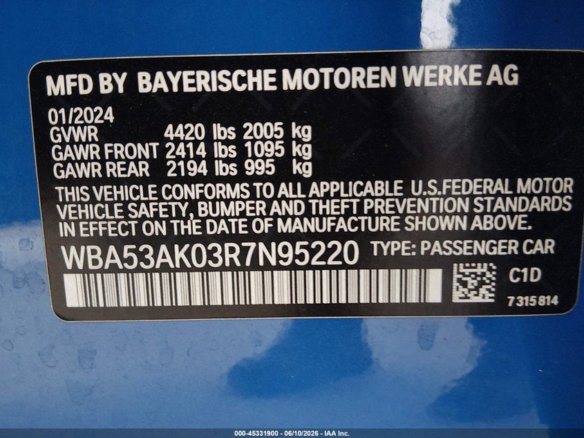 2024 BMW 2er VIN WBA53AK03R7N95220 IAAI salvage auction — FRONT END, Salvage Title, sold $2,050 on 2026-07-15 (photo 9)