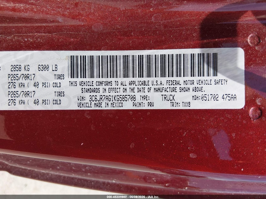 2019 Ram 1500 VIN 3C6JR7AG1KG585708 IAAI salvage auction — NORMAL WEAR, Sf97 (New York), sold $25 on 2026-07-23 (photo 9)