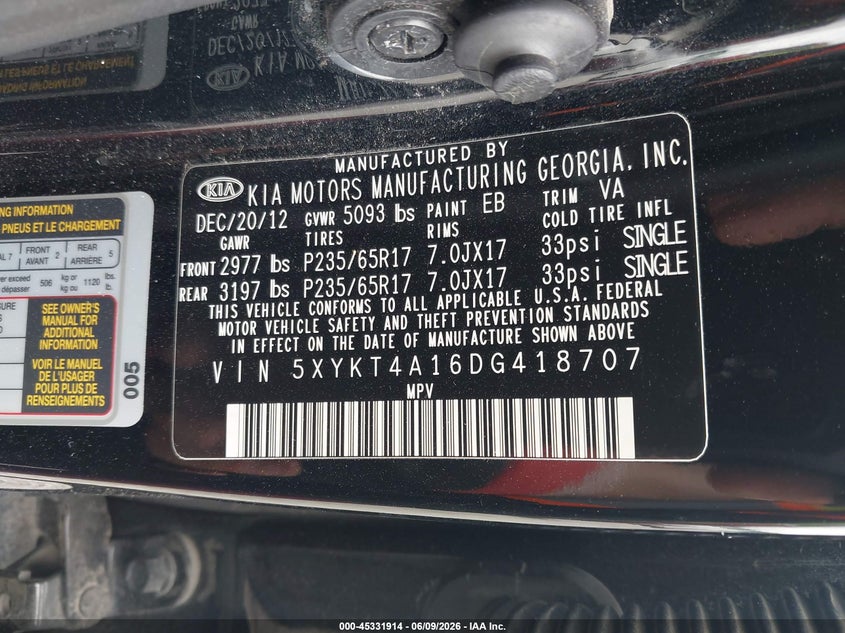 2013 Kia Sorento VIN 5XYKT4A16DG418707 IAAI salvage auction — RIGHT FRONT, Salvage Title, sold $400 on 2026-07-12 (photo 9)