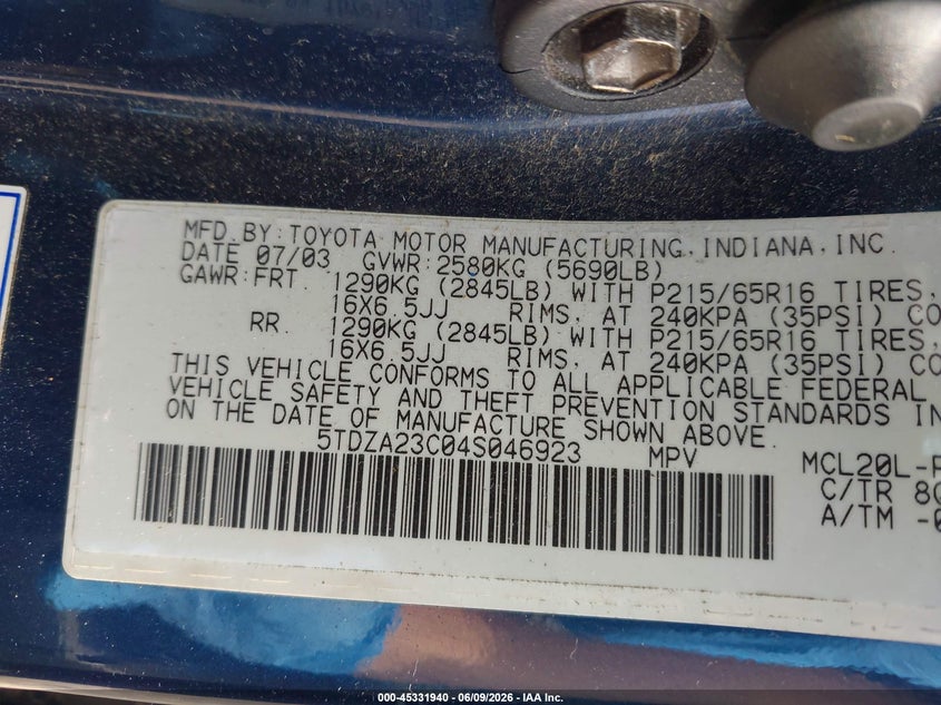 2004 Toyota Sienna VIN 5TDZA23C04S046923 IAAI salvage auction — NORMAL WEAR, Clear (Pennsylvania), sold $525 on 2026-07-05 (photo 9)