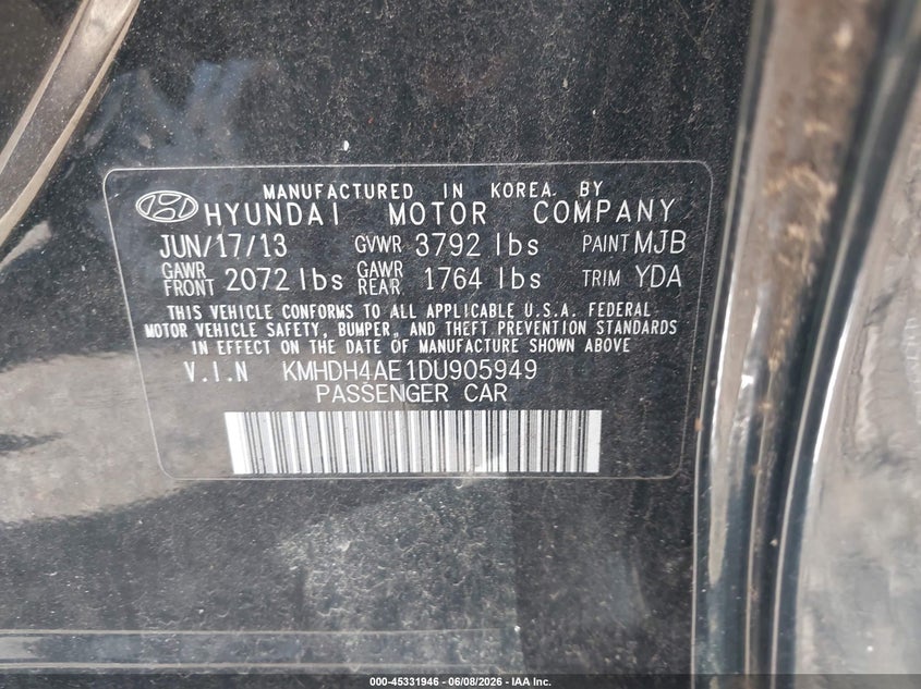 2013 Hyundai Elantra VIN KMHDH4AE1DU905949 IAAI salvage auction — NORMAL WEAR, Clear (New Jersey), sold $1,200 on 2026-07-13 (photo 9)