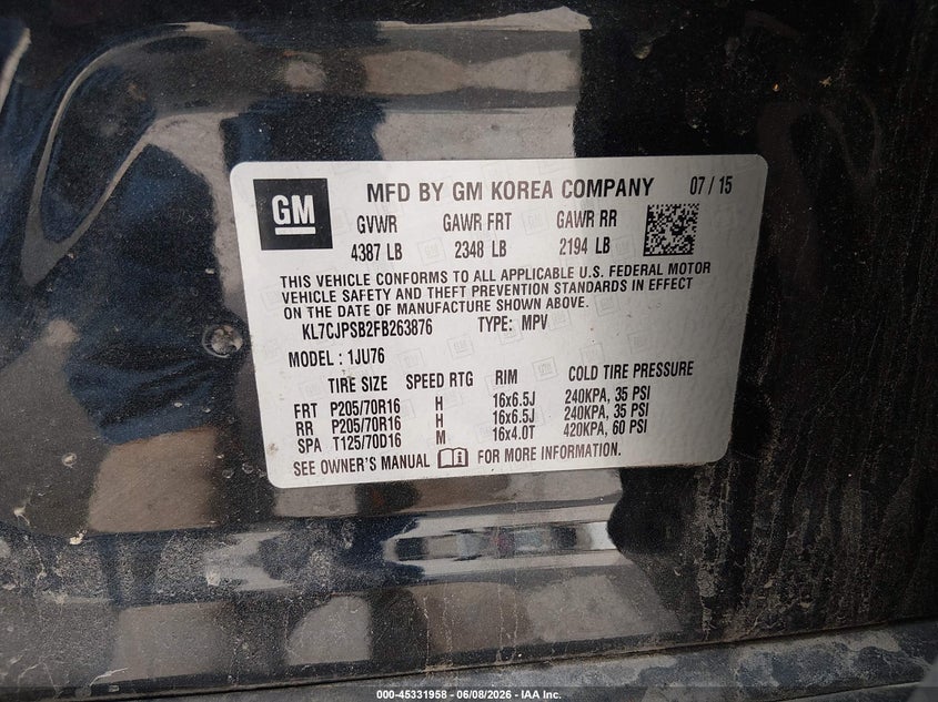 2015 Chevrolet Trax VIN KL7CJPSB2FB263876 IAAI salvage auction — FRONT END, Salvage (Maine), sold $325 on 2026-07-27 (photo 9)
