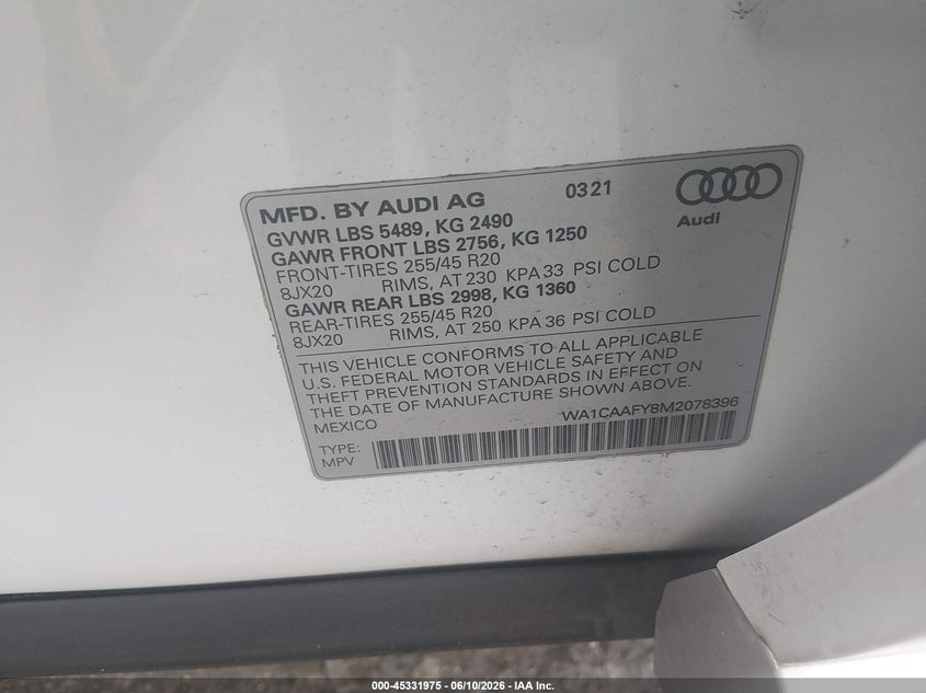 2021 Audi Q5 VIN WA1CAAFY8M2078396 IAAI salvage auction — FRONT END, Salvage Title, sold $13,300 on 2026-07-29 (photo 9)
