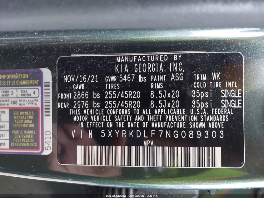 2022 Kia Sorento VIN 5XYRKDLF7NG089303 IAAI salvage auction — HAIL, Salvage (Ohio), sold $16,600 on 2026-07-20 (photo 9)