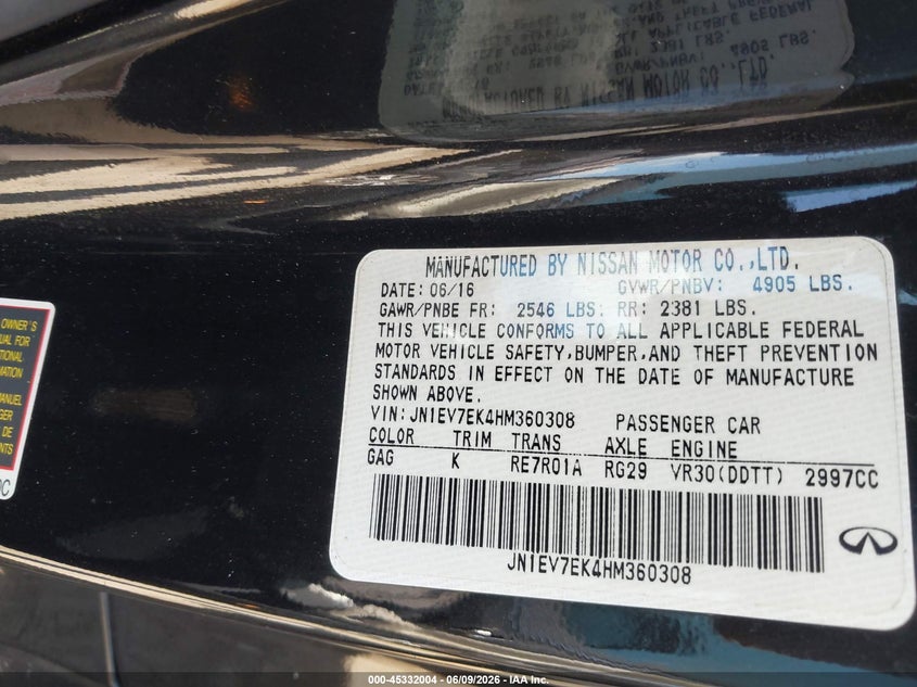 2017 Infiniti Q60 VIN JN1EV7EK4HM360308 IAAI salvage auction — LEFT REAR, Salvage Title, sold $7,350 on 2026-07-14 (photo 9)