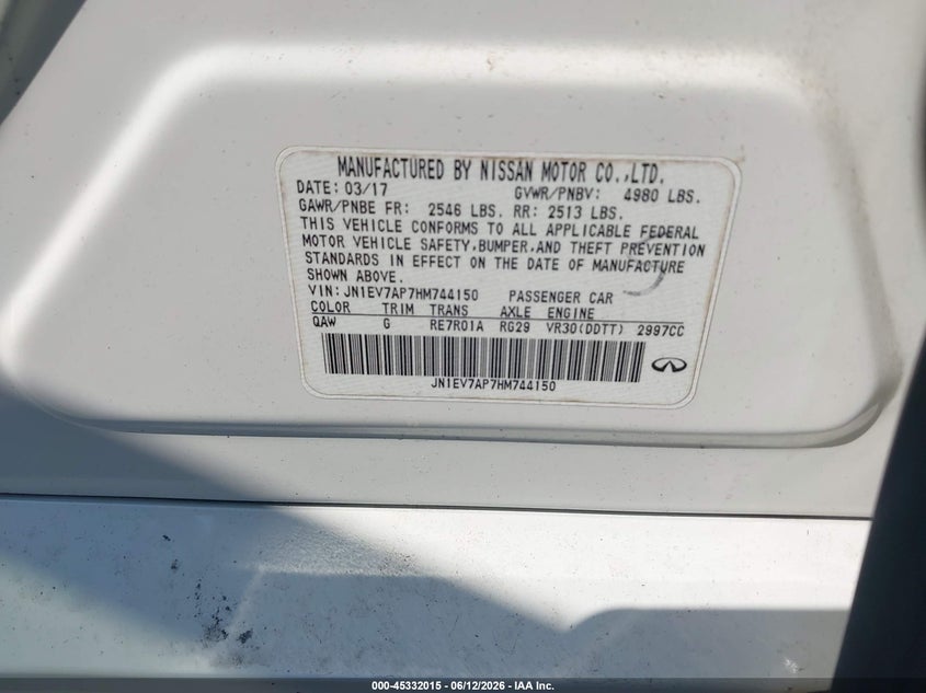 2017 Infiniti Q50 VIN JN1EV7AP7HM744150 IAAI salvage auction — FRONT END, Salvage (South Carolina), sold $2,450 on 2026-07-15 (photo 9)