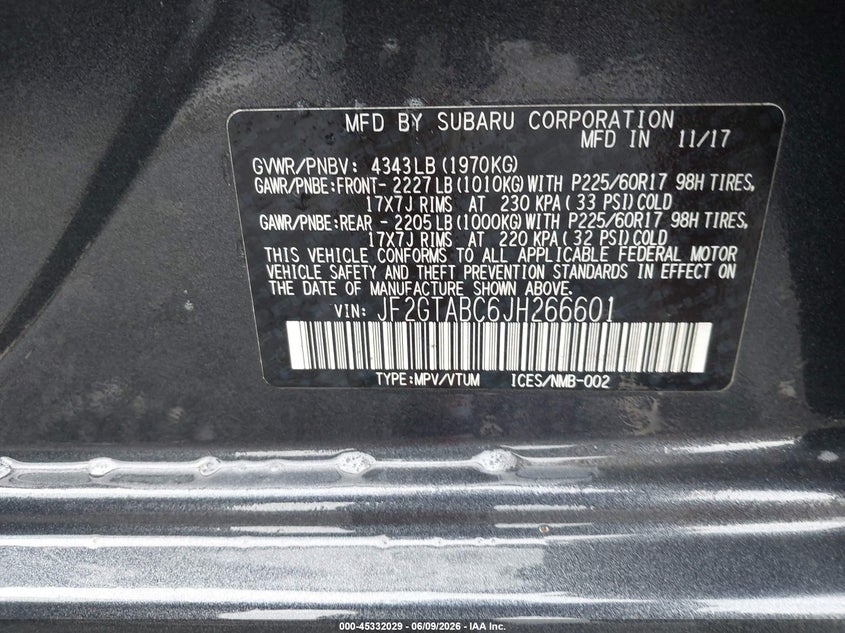 2018 Subaru Xv VIN JF2GTABC6JH266601 IAAI salvage auction — FRONT END, Salvage Title, sold $400 on 2026-07-10 (photo 9)