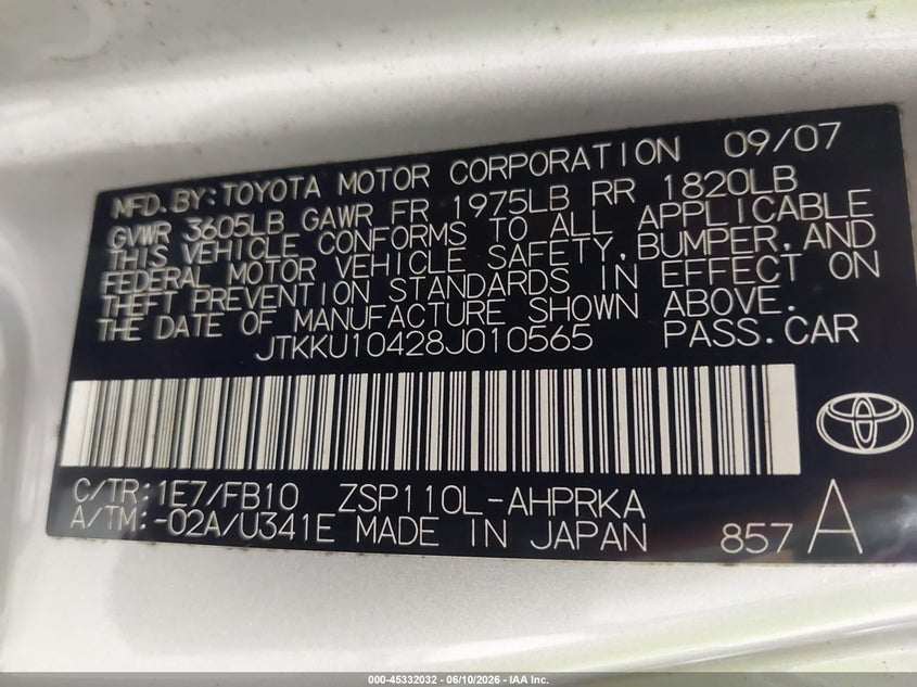 2008 Scion Xd VIN JTKKU10428J010565 IAAI salvage auction — NORMAL WEAR, Clear (Tennessee), sold $650 on 2026-07-15 (photo 9)