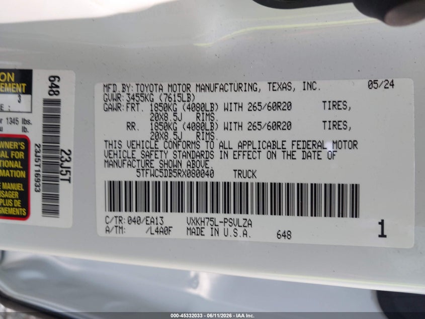 2024 Toyota Tundra VIN 5TFWC5DB5RX080040 IAAI salvage auction — THEFT, Salvage (Pennsylvania), sold $28,750 on 2026-07-29 (photo 9)