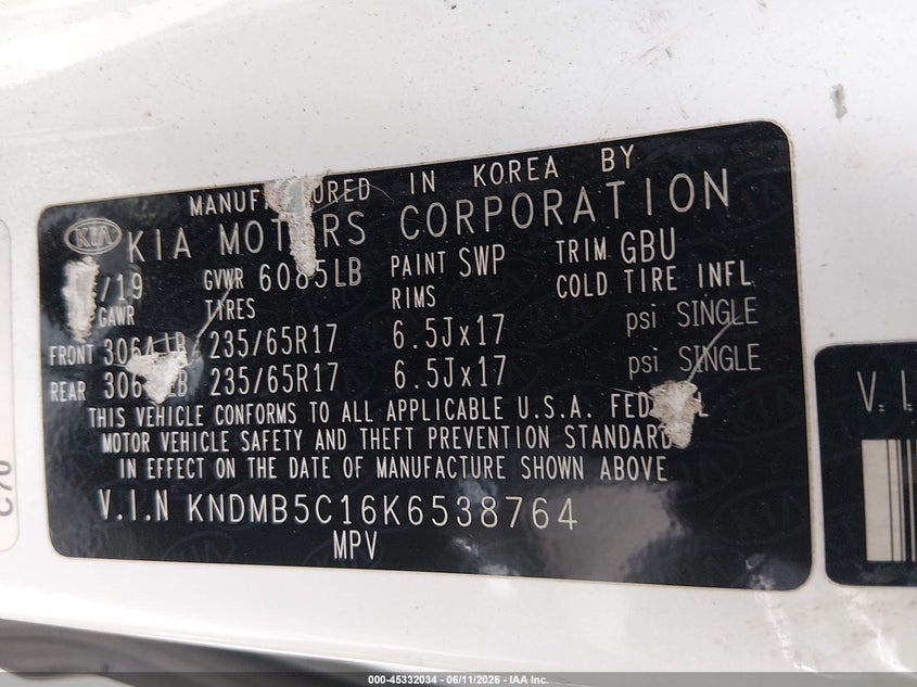 2019 Kia SEDONA VIN KNDMB5C16K6538764 IAAI salvage auction — FRONT END, Salvage (New Jersey), sold $2,800 on 2026-07-27 (photo 9)