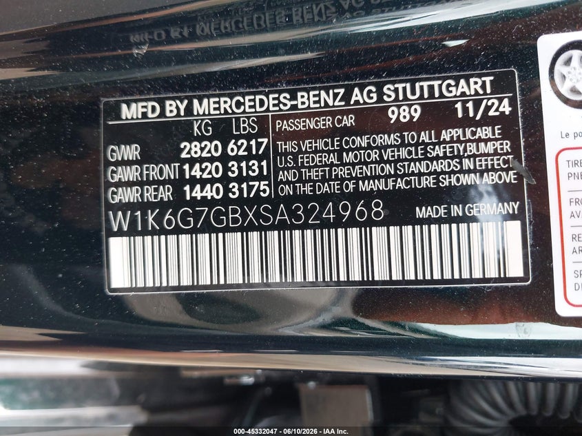 2025 Mercedes-benz S-klasse VIN W1K6G7GBXSA324968 IAAI salvage auction — RIGHT FRONT, Salvage (Pennsylvania), sold $38,750 on 2026-07-10 (photo 9)