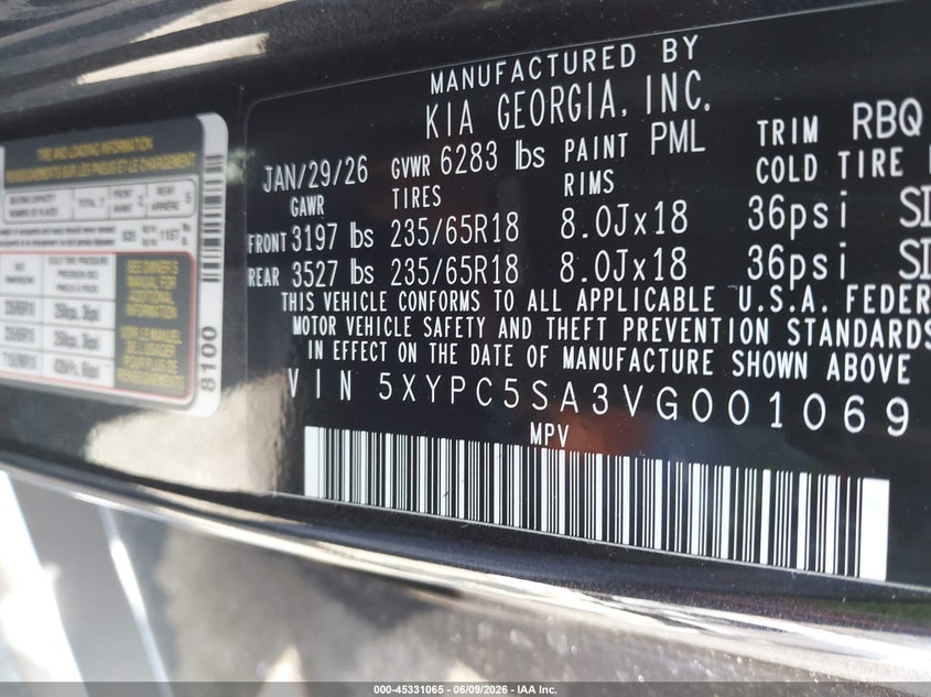 2027 Kia Telluride VIN 5XYPC5SA3VG001069 IAAI salvage auction — FRONT END, Salvage Title, sold $18,800 on 2026-07-11 (photo 9)